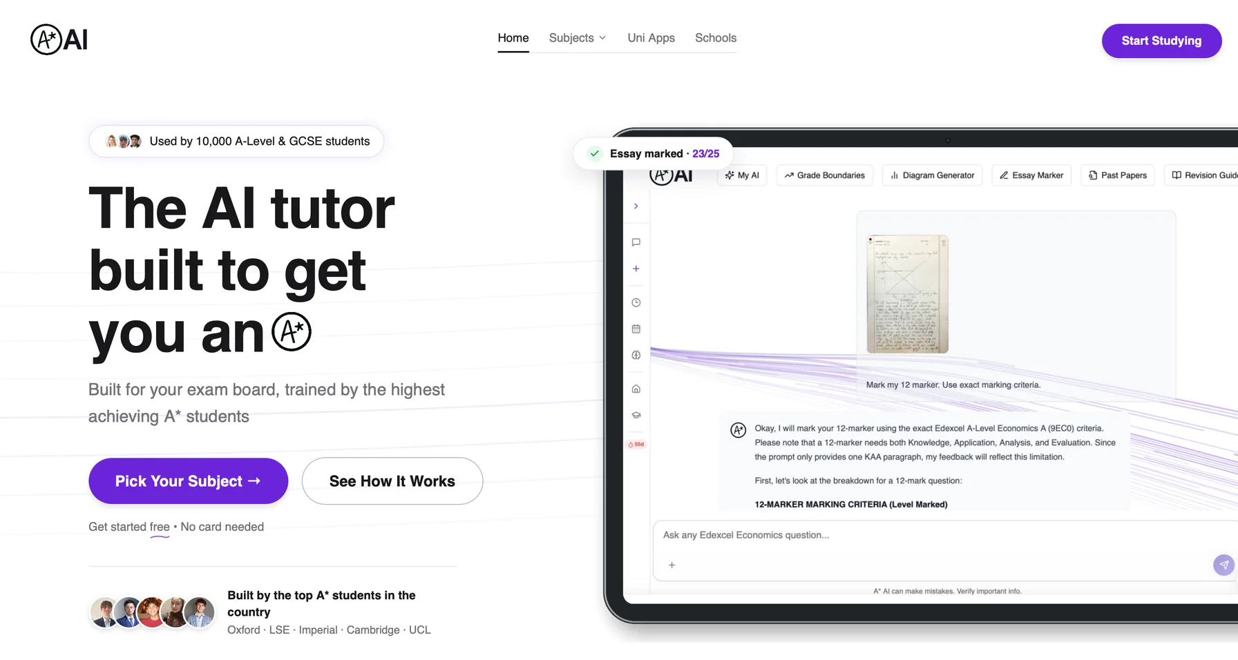 Screenshot of the A* AI homepage: the headline 'The AI tutor built to get you an A*' beside a tablet showing a photo of a handwritten Economics answer being marked against Edexcel A-Level criteria.