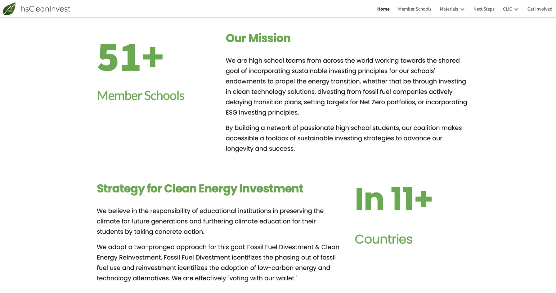 Screenshot of the hsCleanInvest website home page: its mission statement on sustainable investing for school endowments, a clean energy investment strategy section, and the coalition's own headline figures for member schools and countries.